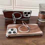 For iPhone 16 Pro Walnut Metal Frameless 360 Degree Rotation Holder MagSafe Phone Case(Titanium Color)