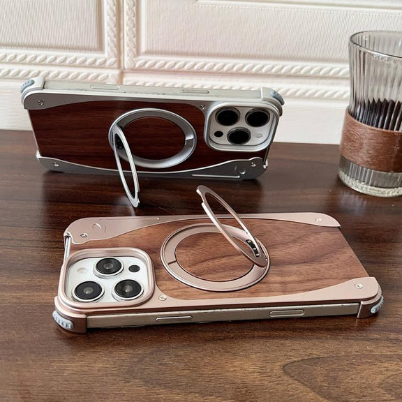 For iPhone 16 Pro Walnut Metal Frameless 360 Degree Rotation Holder MagSafe Phone Case(Titanium Color)