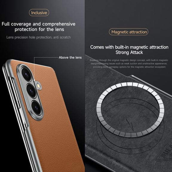 For Samsung Galaxy Z Fold7 5G SULADA Frameless Top Layer Cowhide Leather PC Phone Case(Brown)