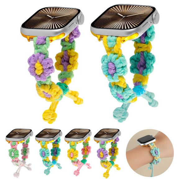 For Apple Watch 46mm / 49mm / 45mm / 44mm Hemp Rope Woven Flowers Drawstring Watch Band(Green White)