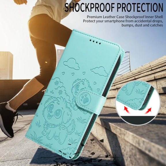 For Motorola Edge 50 Neo 5G Embossed Heart Dog RFID Blocking Wallet Leather Phone Case(Green)