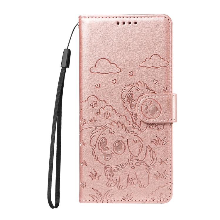 For Motorola Edge 50 Neo 5G Embossed Heart Dog RFID Blocking Wallet Leather Phone Case(Rose Gold)