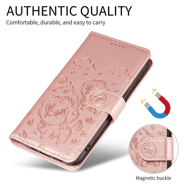 For Motorola Edge 50 Neo 5G Embossed Heart Dog RFID Blocking Wallet Leather Phone Case(Rose Gold)