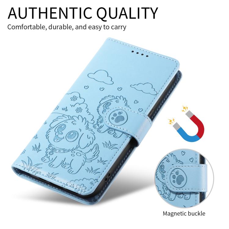 For Motorola Edge 50 Neo 5G Embossed Heart Dog RFID Blocking Wallet Leather Phone Case(Sky Blue)