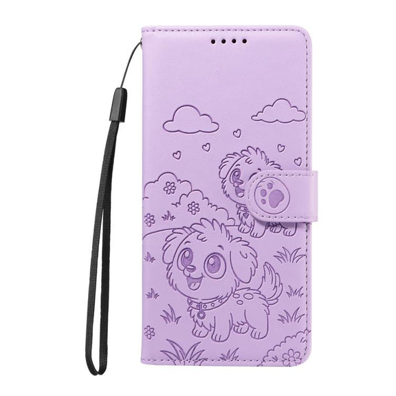 For Motorola Moto G04 / G24 / E14 Embossed Heart Dog RFID Blocking Wallet Leather Phone Case(Purple)