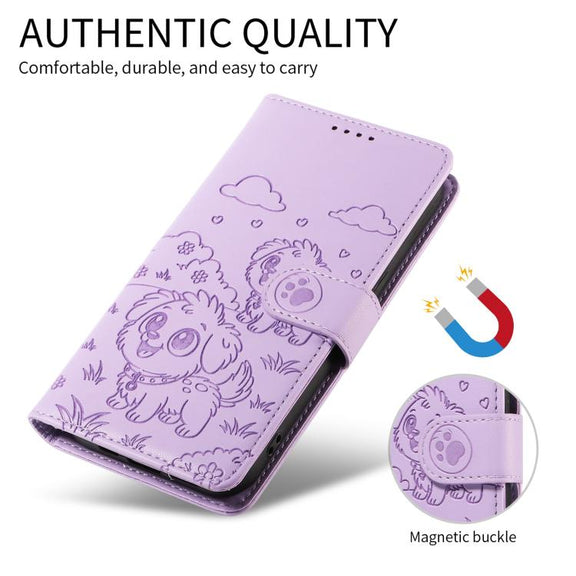 For Motorola Moto G04 / G24 / E14 Embossed Heart Dog RFID Blocking Wallet Leather Phone Case(Purple)