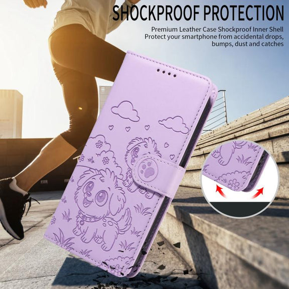 For Motorola Moto G04 / G24 / E14 Embossed Heart Dog RFID Blocking Wallet Leather Phone Case(Purple)