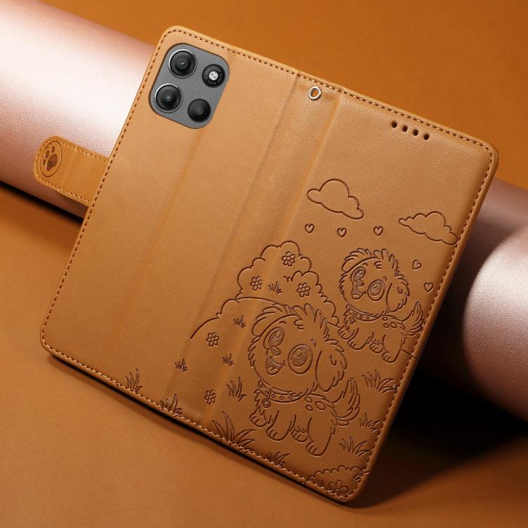 For Motorola Moto G15 / G15 Power Embossed Heart Dog RFID Blocking Wallet Leather Phone Case(Brown)