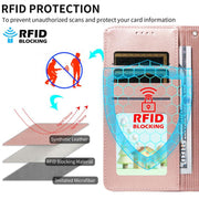 For Motorola Moto G35 5G Embossed Heart Dog RFID Blocking Wallet Leather Phone Case(Rose Gold)