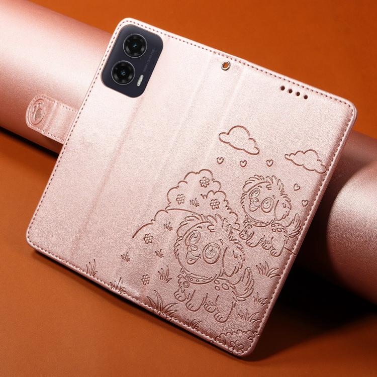 For Motorola Moto G35 5G Embossed Heart Dog RFID Blocking Wallet Leather Phone Case(Rose Gold)