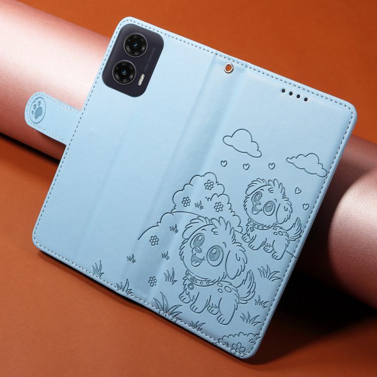 For Motorola Moto G35 5G Embossed Heart Dog RFID Blocking Wallet Leather Phone Case(Sky Blue)