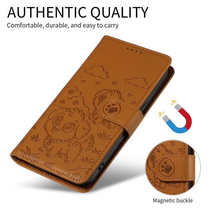 For Motorola Moto G35 5G Embossed Heart Dog RFID Blocking Wallet Leather Phone Case(Brown)