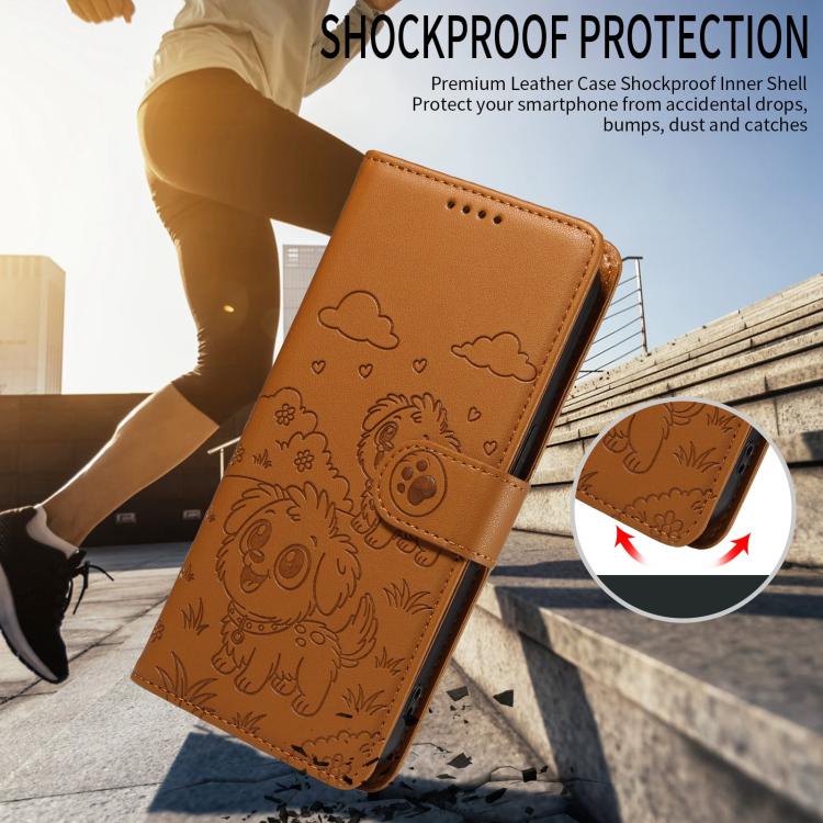 For Motorola Moto G35 5G Embossed Heart Dog RFID Blocking Wallet Leather Phone Case(Brown)
