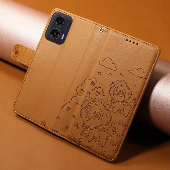 For Motorola Moto G35 5G Embossed Heart Dog RFID Blocking Wallet Leather Phone Case(Brown)