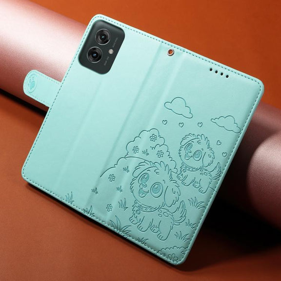 For Motorola Moto G55 5G Embossed Heart Dog RFID Blocking Wallet Leather Phone Case(Green)