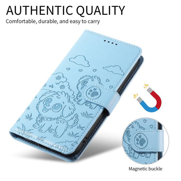 For Motorola Moto G55 5G Embossed Heart Dog RFID Blocking Wallet Leather Phone Case(Sky Blue)