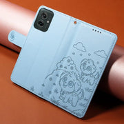 For Motorola Moto G55 5G Embossed Heart Dog RFID Blocking Wallet Leather Phone Case(Sky Blue)