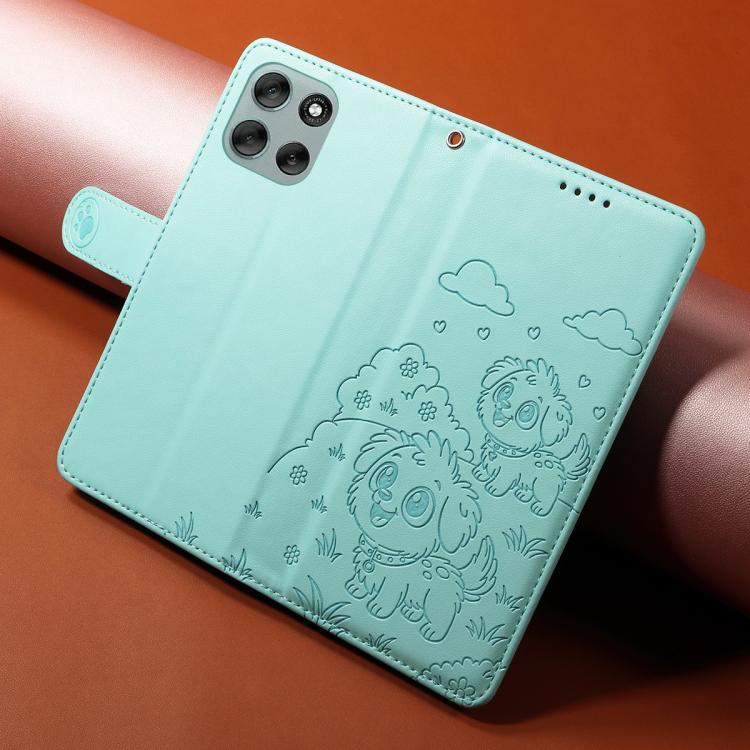 For Motorola Moto G56 5G / G66j Embossed Heart Dog RFID Blocking Wallet Leather Phone Case(Green)