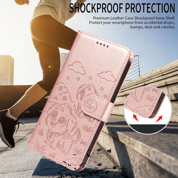 For Motorola Moto G75 5G Embossed Heart Dog RFID Blocking Wallet Leather Phone Case(Rose Gold)