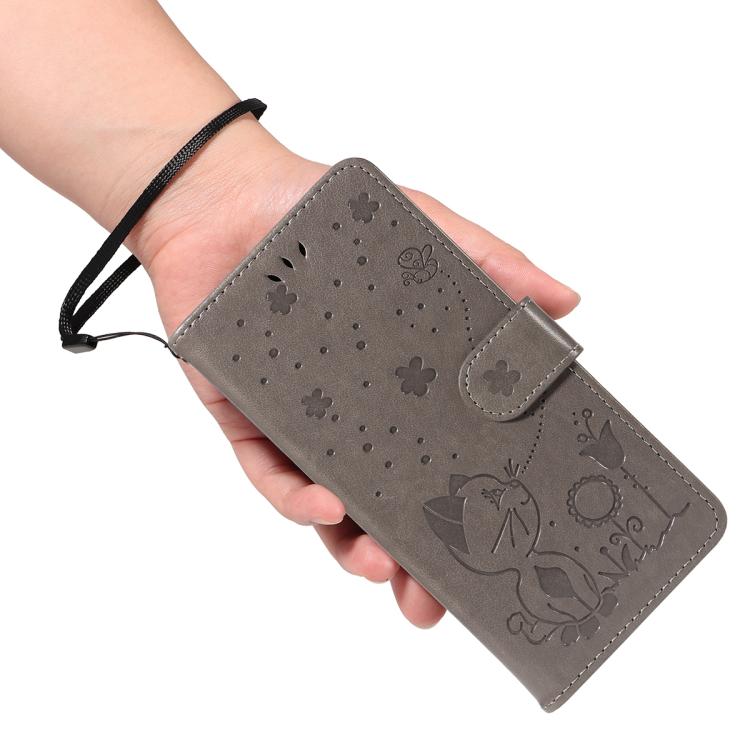 For Nothing Phone 3A Cat and Bee Embossed Flip Leather Phone Case(Grey)