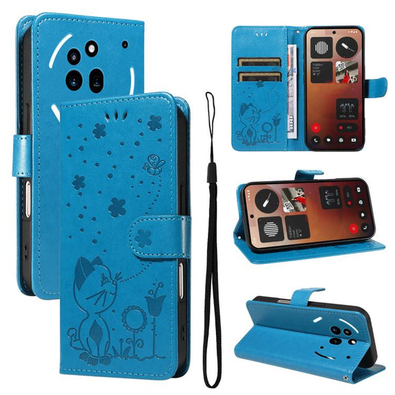 For Nothing Phone 3A Pro Cat and Bee Embossed Flip Leather Phone Case(Blue)