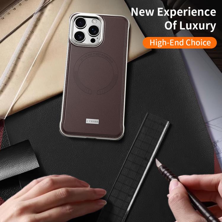 For iPhone 16 Pro Max J TRIBE Metal Frameless Plain Leather MagSafe Phone Case(Brown)