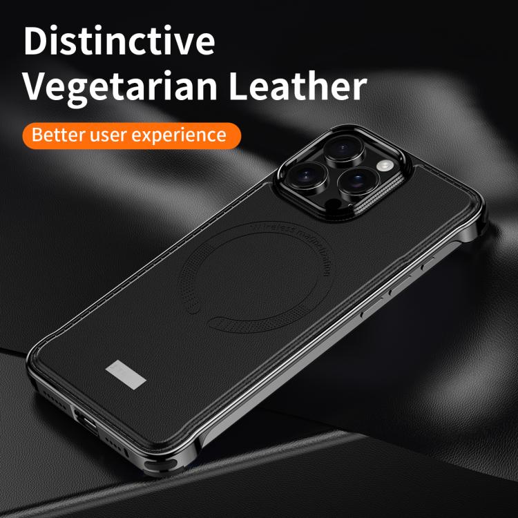 For iPhone 15 Pro Max J TRIBE Metal Frameless Plain Leather MagSafe Phone Case(Black)