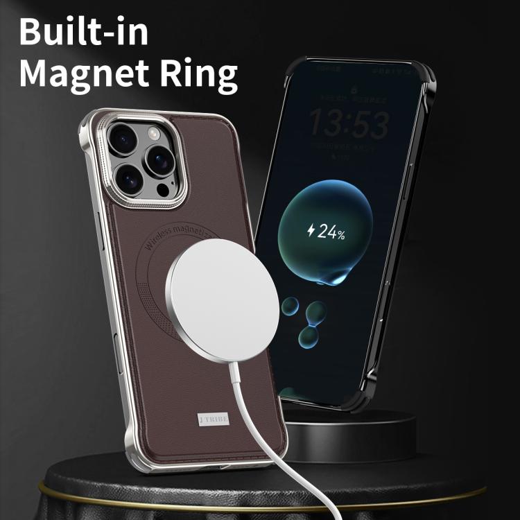 For iPhone 16 J TRIBE Metal Frameless Plain Leather MagSafe Phone Case(Black)