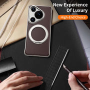 For Huawei Pura 70 Pro Metal Frameless Plain Leather MagSafe Holder Phone Case(Brown)