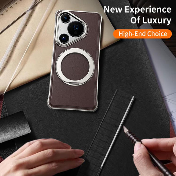For Huawei Pura 70 Pro Metal Frameless Plain Leather MagSafe Holder Phone Case(Brown)
