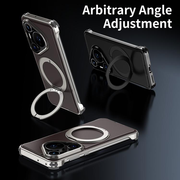 For Huawei Pura 70 Pro Metal Frameless Plain Leather MagSafe Holder Phone Case(Black)