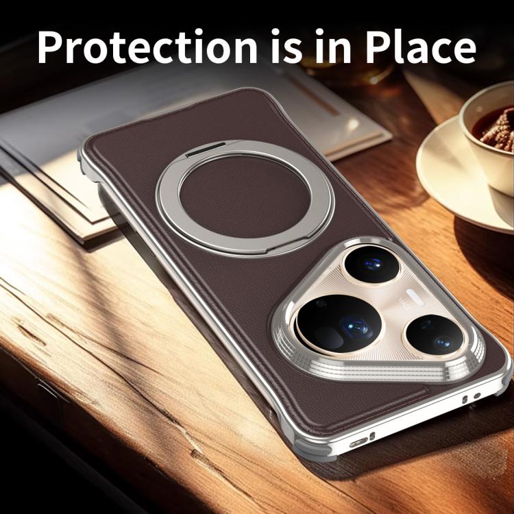 For Huawei Pura 80 Pro+ 5G Metal Frameless Plain Leather MagSafe Holder Phone Case(Brown)