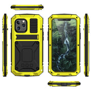 For iPhone 12 Pro Max R-JUST Shockproof Water-resistant Dust-proof Metal + Silicone Protective Case with Holder(Yellow)