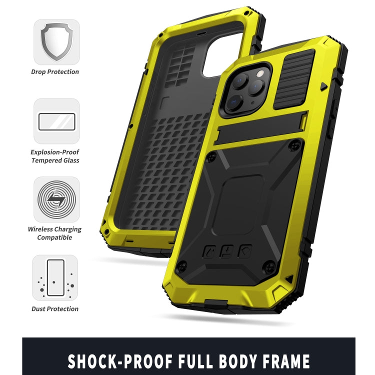 For iPhone 12 Pro Max R-JUST Shockproof Water-resistant Dust-proof Metal + Silicone Protective Case with Holder(Yellow)
