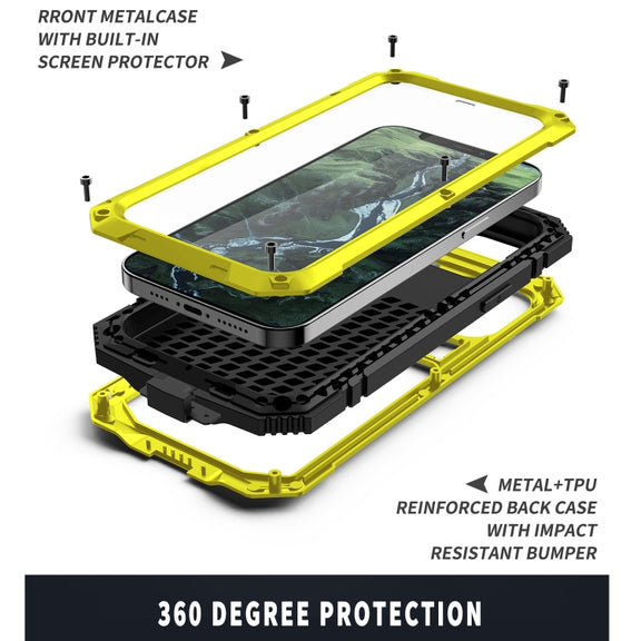 For iPhone 12 Pro Max R-JUST Shockproof Water-resistant Dust-proof Metal + Silicone Protective Case with Holder(Yellow)