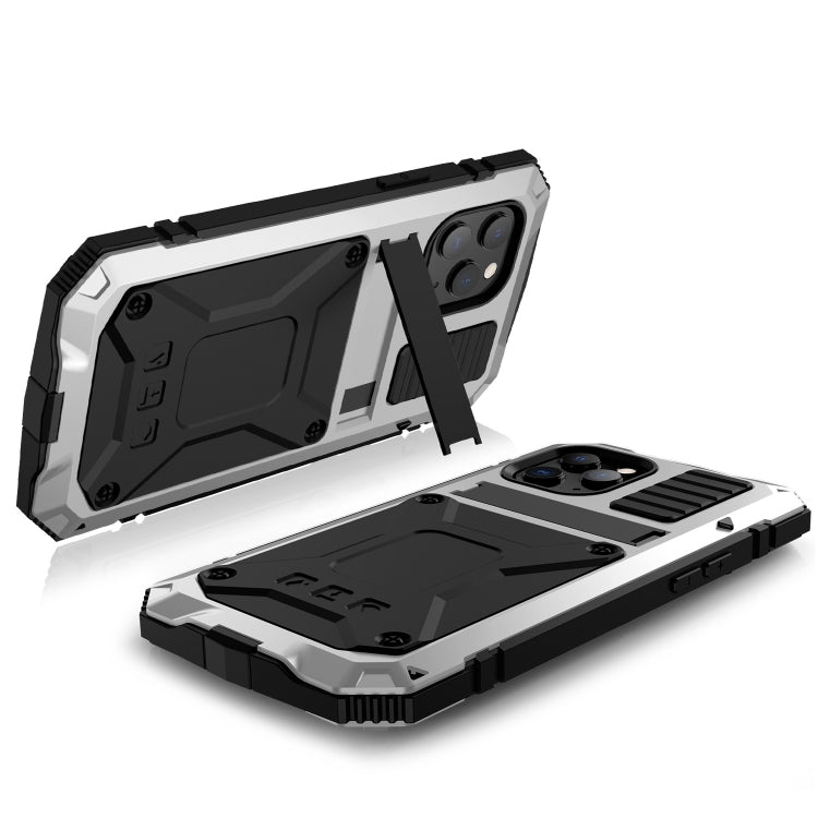 For iPhone 12 Pro Max R-JUST Shockproof Water-resistant Dust-proof Metal + Silicone Protective Case with Holder(Silver)