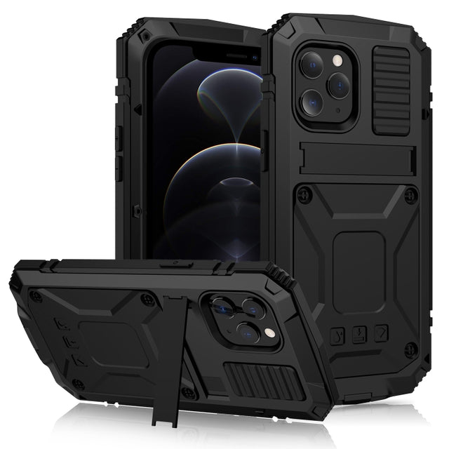 For iPhone 12 / 12 Pro R-JUST Shockproof Water-resistant Dust-proof Metal + Silicone Protective Case with Holder(Black)