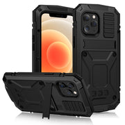 For iPhone 12 mini R-JUST Shockproof Water-resistant Dust-proof Metal + Silicone Protective Case with Holder (Black)