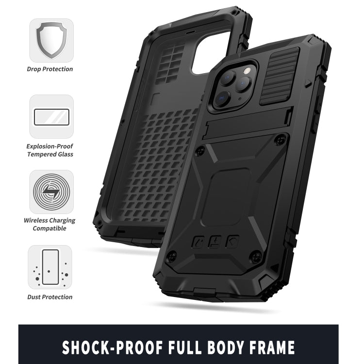 For iPhone 12 mini R-JUST Shockproof Water-resistant Dust-proof Metal + Silicone Protective Case with Holder (Black)