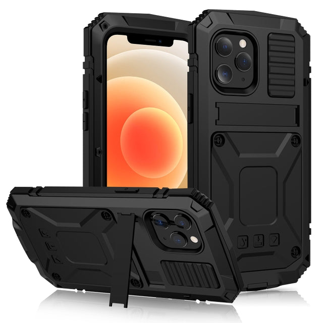 For iPhone 12 mini R-JUST Shockproof Water-resistant Dust-proof Metal + Silicone Protective Case with Holder (Black)