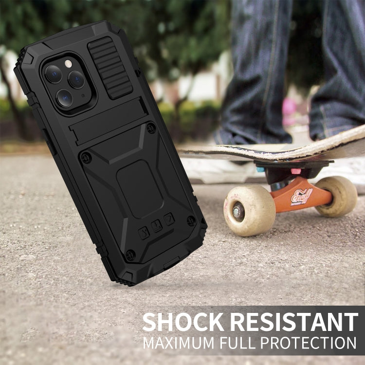 For iPhone 12 mini R-JUST Shockproof Water-resistant Dust-proof Metal + Silicone Protective Case with Holder (Black)