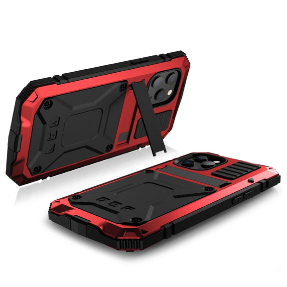 For iPhone 12 mini R-JUST Shockproof Water-resistant Dust-proof Metal + Silicone Protective Case with Holder (Red)