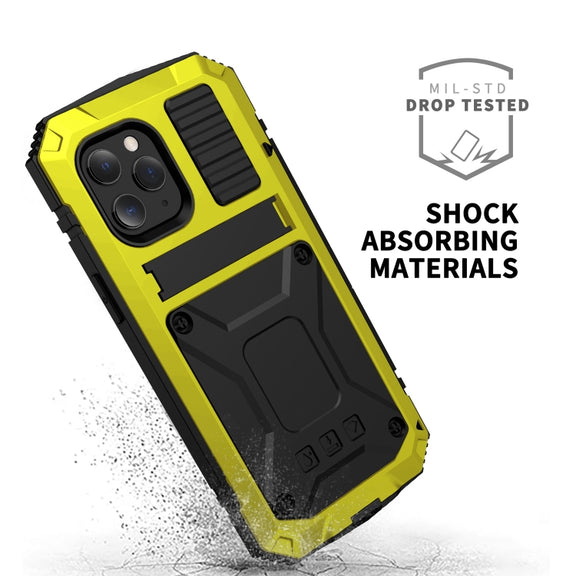 For iPhone 12 mini R-JUST Shockproof Water-resistant Dust-proof Metal + Silicone Protective Case with Holder (Yellow)