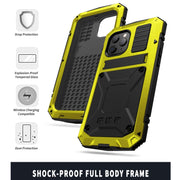 For iPhone 12 mini R-JUST Shockproof Water-resistant Dust-proof Metal + Silicone Protective Case with Holder (Yellow)