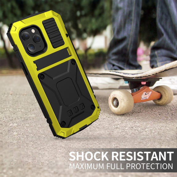 For iPhone 12 mini R-JUST Shockproof Water-resistant Dust-proof Metal + Silicone Protective Case with Holder (Yellow)