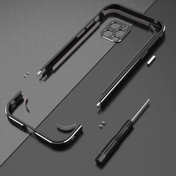 For iPhone 12 Aurora Series Lens Protector + Metal Frame Protective Case(Black Red)