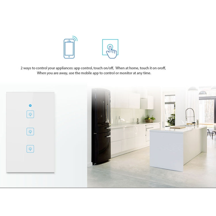 WS-US-03 EWeLink APP & Touch Control 2A 3 Gangs Tempered Glass Panel Smart Wall Switch, AC 90V-250V, US Plug