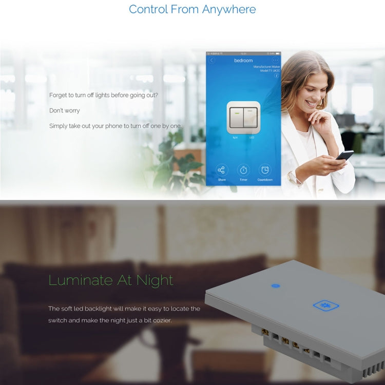 WS-US-03 EWeLink APP & Touch Control 2A 3 Gangs Tempered Glass Panel Smart Wall Switch, AC 90V-250V, US Plug