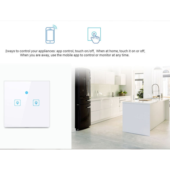 WS-EU-02 EWeLink APP & Touch Control 2A 2 Gangs Tempered Glass Panel Smart Wall Switch, AC 90V-250V, EU Plug