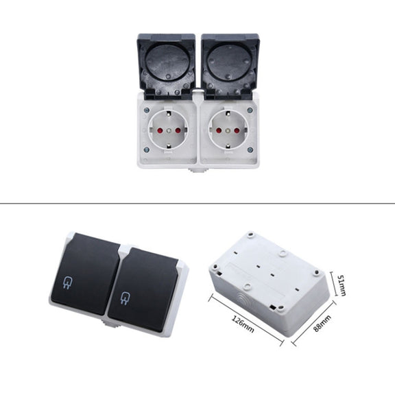 IP44 Water-resistant Double-connection Socket with Cover, EU Plug